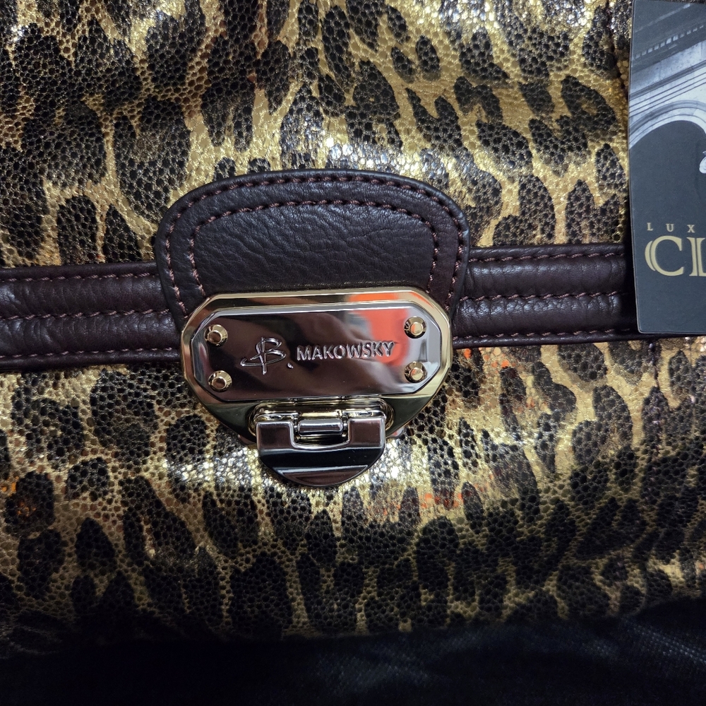 Vintage B Makowsky Metallic Leopard East West Flap Tote - Picture 3 of 8
